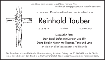 Traueranzeige von Reinhold Tauber von Hersbrucker Zeitung