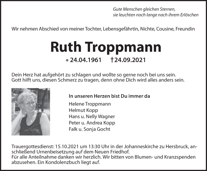  Traueranzeige für Ruth Troppmann vom 09.10.2021 aus Hersbrucker Zeitung