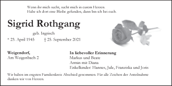 Traueranzeige von Sigrid Rothgang von Hersbrucker Zeitung