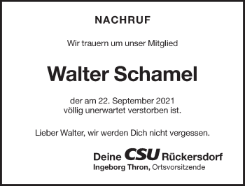 Traueranzeige von Walter Schamel von Pegnitz-Zeitung