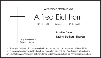 Traueranzeige von Alfred Eichhorn von Hersbrucker Zeitung