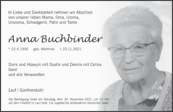 Traueranzeige von Anna Buchbinder von Pegnitz-Zeitung