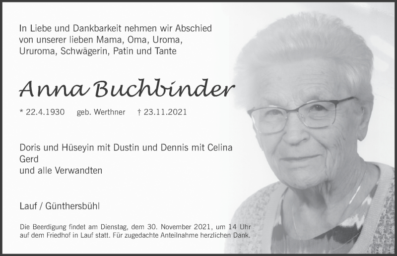  Traueranzeige für Anna Buchbinder vom 27.11.2021 aus Pegnitz-Zeitung
