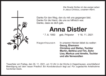 Traueranzeige von Anna Distler von Der Bote
