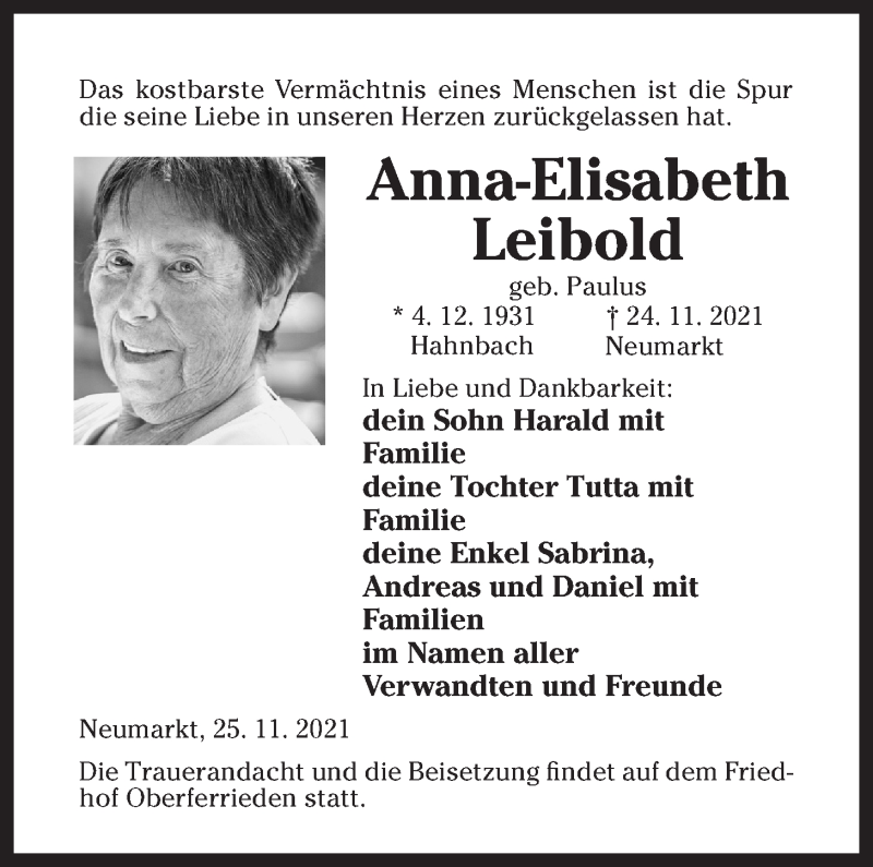  Traueranzeige für Anna-Elisabeth Leibold vom 27.11.2021 aus Der Bote