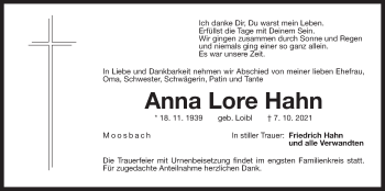 Traueranzeige von Anna Lore Hahn von Der Bote