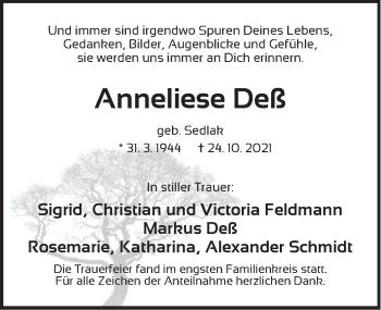 Traueranzeige von Anneliese Deß von Pegnitz-Zeitung