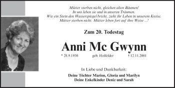 Traueranzeige von Anni Mc Gwynn von Pegnitz-Zeitung