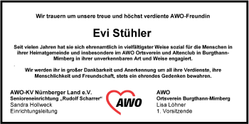 Traueranzeige von Evi Stühler von Der Bote