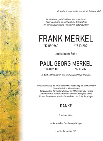 Traueranzeige von Frank und Paul Georg Merkel von Pegnitz-Zeitung