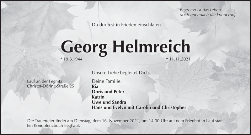  Traueranzeige für Georg Helmreich vom 13.11.2021 aus Pegnitz-Zeitung
