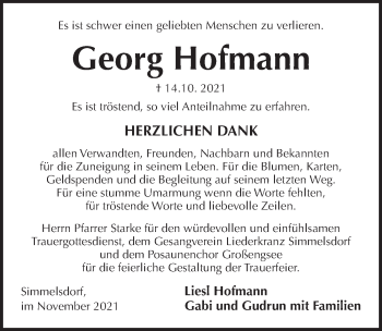 Traueranzeige von Georg Hofmann von Pegnitz-Zeitung