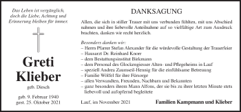 Traueranzeige von Greti Klieber von Pegnitz-Zeitung