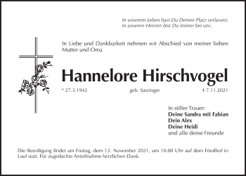 Traueranzeige von Hannelore Hirschvegel von Pegnitz-Zeitung