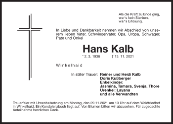 Traueranzeige von Hans Kalb von Der Bote