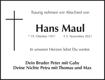 Traueranzeige von Hans Maul von Pegnitz-Zeitung