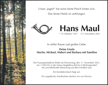 Traueranzeige von Hans Maul von Pegnitz-Zeitung