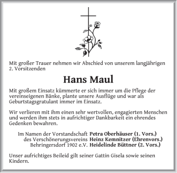 Traueranzeige von Hans Maul von Pegnitz-Zeitung