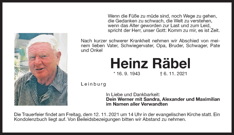  Traueranzeige für Heinz Räbel vom 10.11.2021 aus Pegnitz-Zeitung