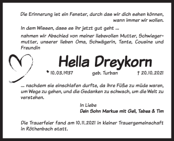 Traueranzeige von Hella Dreykorn von Pegnitz-Zeitung