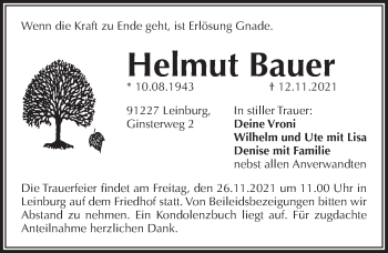 Traueranzeige von Helmut Bauer von Pegnitz-Zeitung
