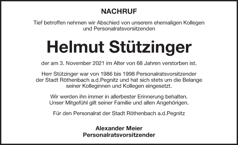  Traueranzeige für Helmut Stützinger vom 10.11.2021 aus Pegnitz-Zeitung