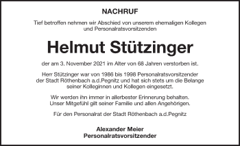 Traueranzeige von Helmut Stützinger von Pegnitz-Zeitung