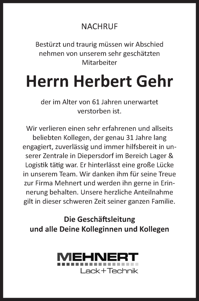  Traueranzeige für Herbert Gehr vom 27.11.2021 aus Der Bote