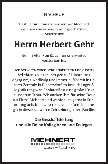 Traueranzeige von Herbert Gehr von Der Bote