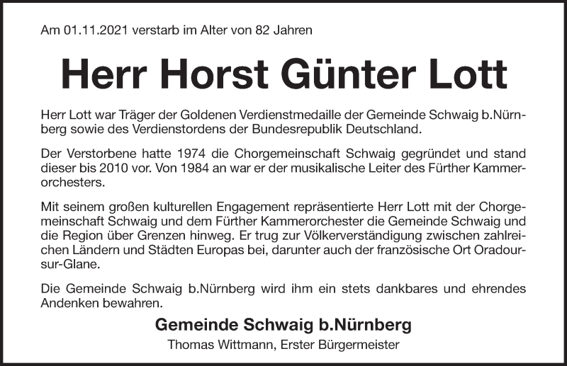  Traueranzeige für Horst Günter Lott vom 06.11.2021 aus Pegnitz-Zeitung