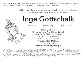 Traueranzeige von Inge Gottschalk von Pegnitz-Zeitung