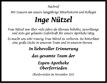 Traueranzeige von Inge Nützel von Der Bote