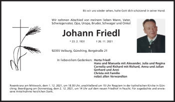 Traueranzeige von Johann Friedl von Der Bote