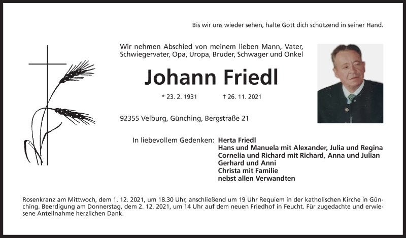  Traueranzeige für Johann Friedl vom 30.11.2021 aus Der Bote