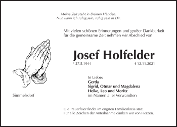 Traueranzeige von Josef Holfelder von Pegnitz-Zeitung