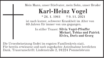 Traueranzeige von Karl-Heinz Vogel von Hersbrucker Zeitung