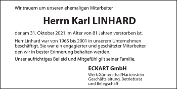 Traueranzeige von Karl Linhard von Hersbrucker Zeitung