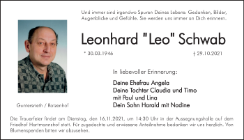 Traueranzeige von Leonhard Schwab von Hersbrucker Zeitung