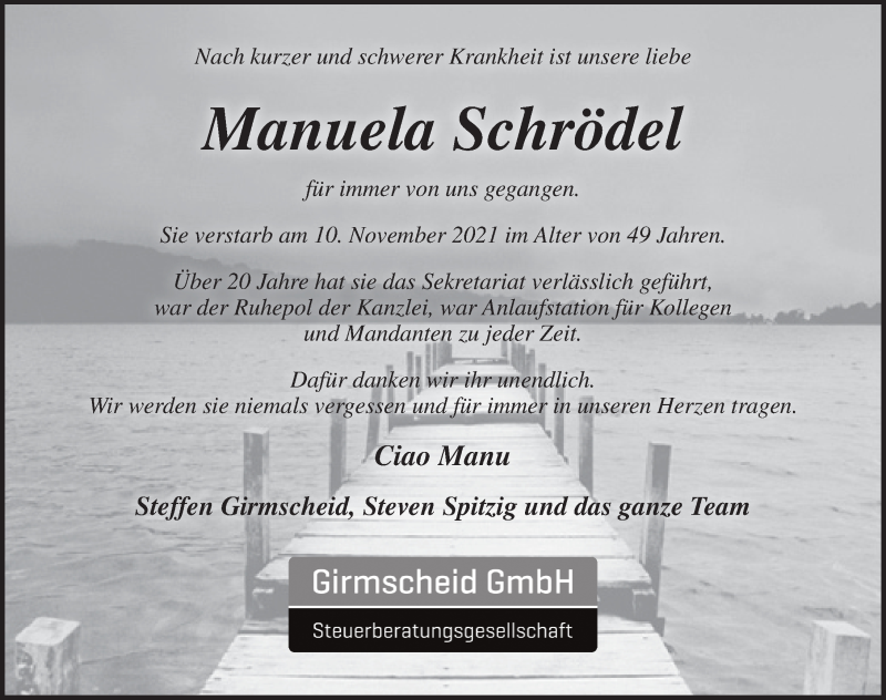  Traueranzeige für Manuela Schrödel vom 20.11.2021 aus Pegnitz-Zeitung