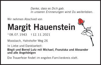 Traueranzeige von Margit Hauenstein von Der Bote