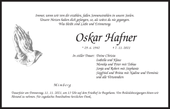 Traueranzeige von Oskar Hafner von Der Bote