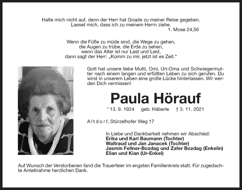  Traueranzeige für Paula Hörauf vom 27.11.2021 aus Der Bote