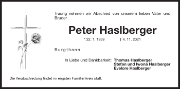 Traueranzeige von Peter Haslberger von Der Bote