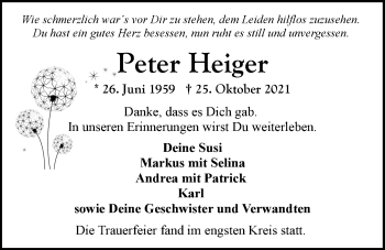 Traueranzeige von Peter Heiger von Der Bote