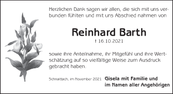 Traueranzeige von Reinhard Barth von Pegnitz-Zeitung