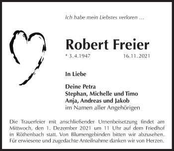 Traueranzeige von Robert Freier von Pegnitz-Zeitung