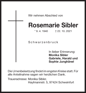 Traueranzeige von Rosemarie Sibler von Der Bote