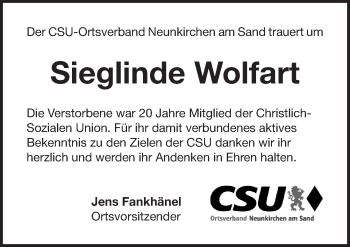 Traueranzeige von Sieglinde Wolfart von Pegnitz-Zeitung