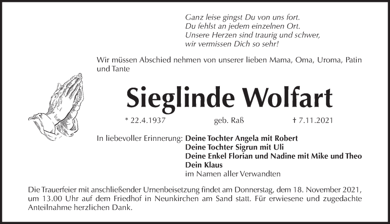  Traueranzeige für Sieglinde Wolfart vom 16.11.2021 aus Pegnitz-Zeitung