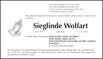 Traueranzeige von Sieglinde Wolfart von Pegnitz-Zeitung